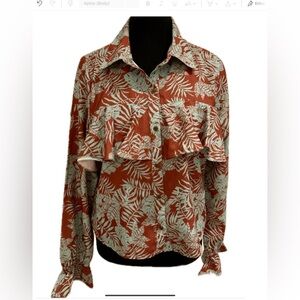 Rock& Roll Denim Leaf Print Button Down Shirt - Rust and Mint